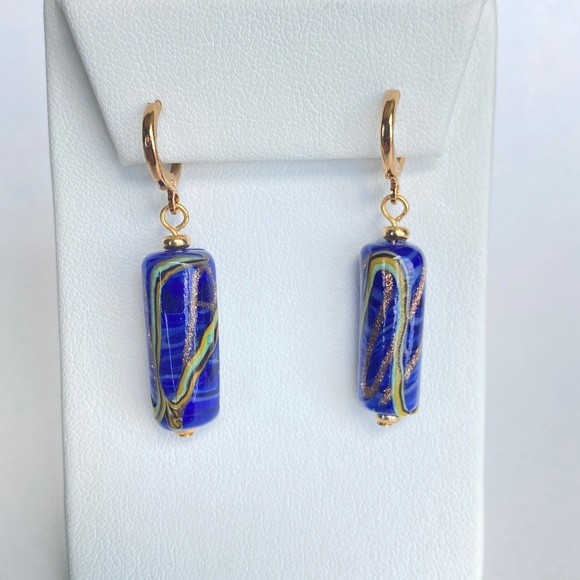 Blue Art Glass Earrings, Handmade, Mod Artisan Murano Glass Earrings - Picture 2 of 7